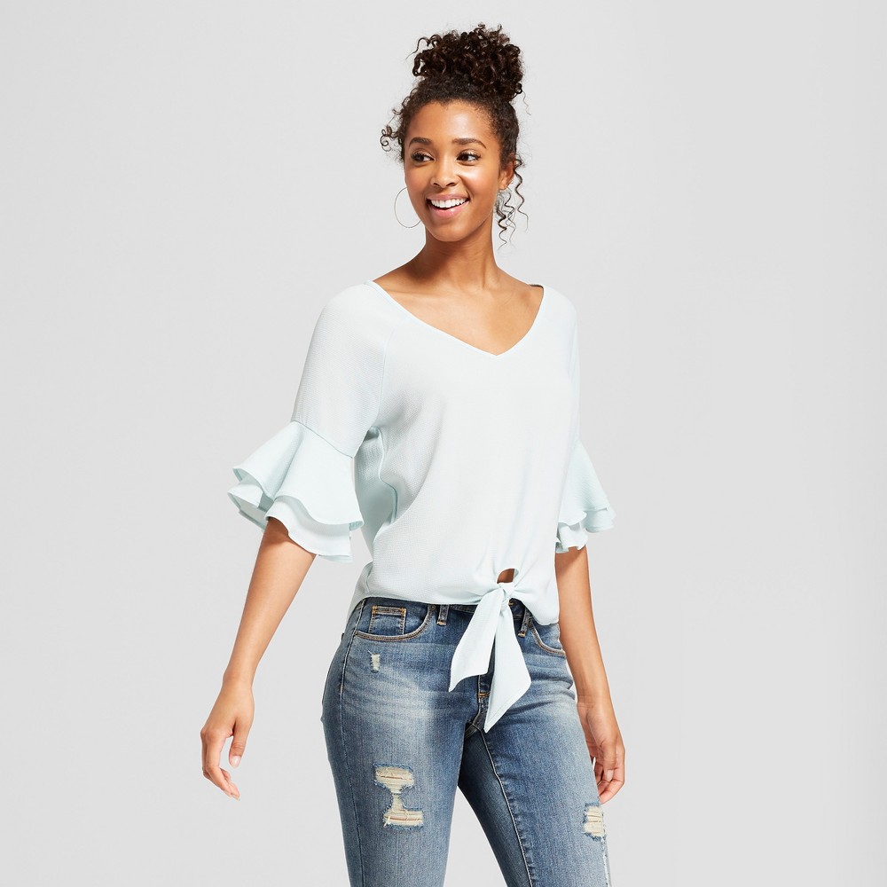 Women's Ruffle Sleeve Tie Front Top - 3Hearts (Juniors') Mint S, Size: Small, Blue