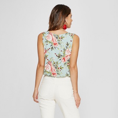 Women's Floral Print Lace-up Tank Top - 3Hearts (Juniors') Mint M, Green thumbnail