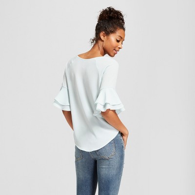 Women's Ruffle Sleeve Tie Front Top - 3Hearts (Juniors') Mint M, Size: Small, Blue thumbnail