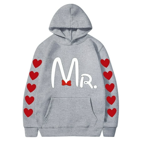 Couples Hoodie for Women Men Valentines Holiday  Sweet Love Heart Print Casual Unisex Hooded Sweatshirt Pullover Tops (X-Large  Gray 01)