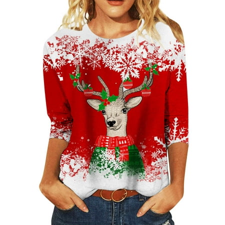 CLZOUD Cute Sweatshirt for Women Long Sleeve Tunic Tops Round Neck Lightweight Blouse Snowflake Reindeer Print Sweater Fall Winter Casual Loose Pullov