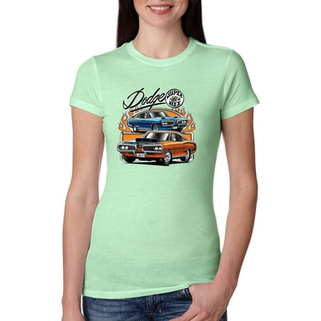 Flaming Dodge Super Bee Muscle Car | Womens Cars and Trucks Slim Fit Junior Tee  Mint  Small