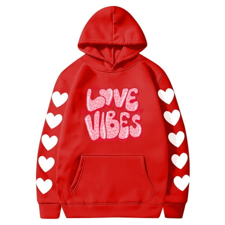 Couples Hoodie for Women Men Valentines Holiday  Sweet Love Heart Print Casual Unisex Hooded Sweatshirt Pullover Tops (X-Large  Red 05)
