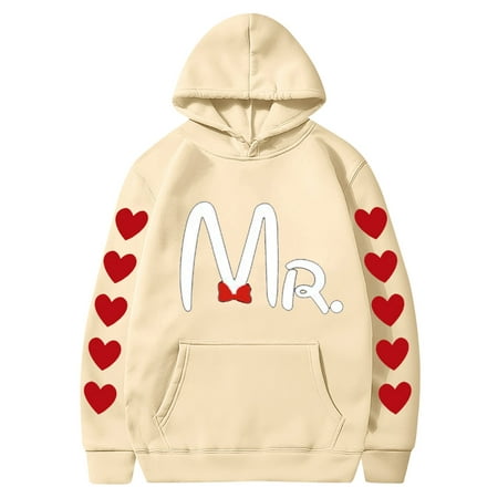 Couples Hoodie for Women Men Valentines Holiday  Sweet Love Heart Print Casual Unisex Hooded Sweatshirt Pullover Tops (X-Large  Khaki 01)