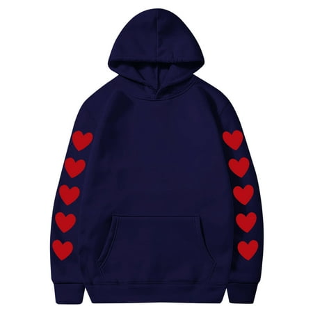 Couples Hoodie for Women Men Valentines Holiday  Sweet Love Heart Print Casual Unisex Hooded Sweatshirt Pullover Tops (X-Large  Navy 07)
