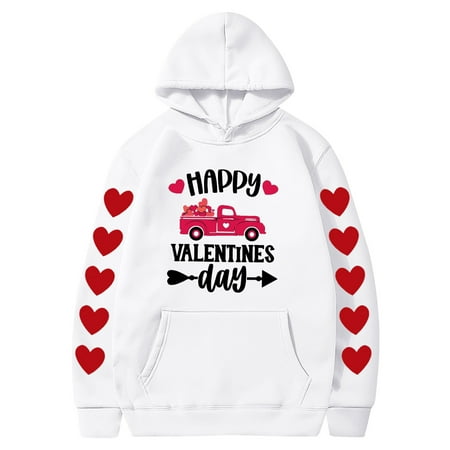 Couples Hoodie for Women Men Valentines Holiday  Sweet Love Heart Print Casual Unisex Hooded Sweatshirt Pullover Tops (X-Large  White 03)