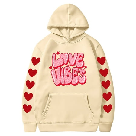 Couples Hoodie for Women Men Valentines Holiday  Sweet Love Heart Print Casual Unisex Hooded Sweatshirt Pullover Tops (X-Large  Khaki 05)