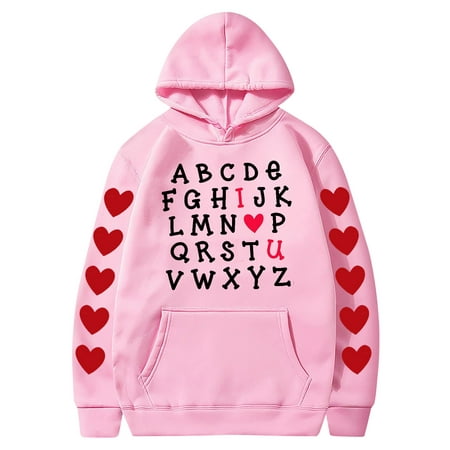 Couples Hoodie for Women Men Valentines Holiday  Sweet Love Heart Print Casual Unisex Hooded Sweatshirt Pullover Tops (X-Large  Pink 04)