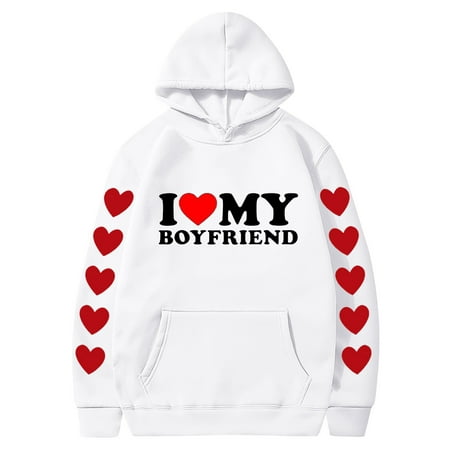 Couples Hoodie for Women Men Valentines Holiday  Sweet Love Heart Print Casual Unisex Hooded Sweatshirt Pullover Tops (X-Large  White 02)