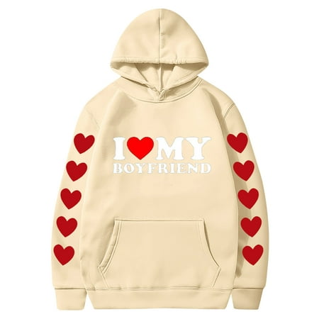Couples Hoodie for Women Men Valentines Holiday  Sweet Love Heart Print Casual Unisex Hooded Sweatshirt Pullover Tops (X-Large  Khaki 02)