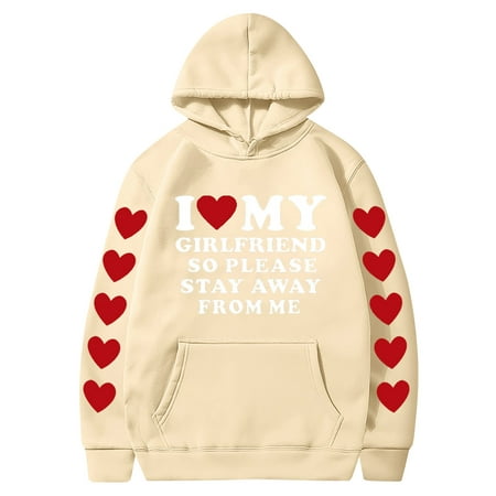 Couples Hoodie for Women Men Valentines Holiday  Sweet Love Heart Print Casual Unisex Hooded Sweatshirt Pullover Tops (X-Large  Khaki 06)