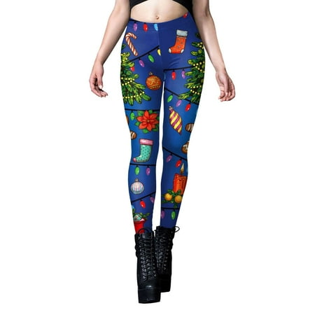 GWAABD Running Tights Womens Slim Stretchy Lifting Tights Pants Workout Yoga Sweatpants Christmas Pattern Print Trousers High Waisted Leggings Blue L