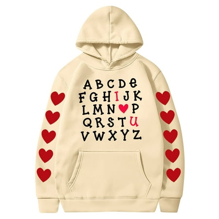 Couples Hoodie for Women Men Valentines Holiday  Sweet Love Heart Print Casual Unisex Hooded Sweatshirt Pullover Tops (X-Large  Khaki 04)