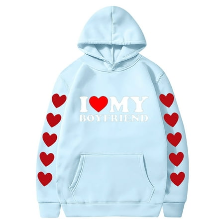Couples Hoodie for Women Men Valentines Holiday  Sweet Love Heart Print Casual Unisex Hooded Sweatshirt Pullover Tops (X-Large  Sky Blue 02)