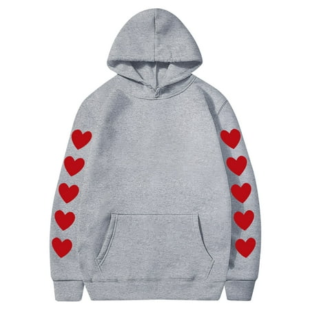 Couples Hoodie for Women Men Valentines Holiday  Sweet Love Heart Print Casual Unisex Hooded Sweatshirt Pullover Tops (X-Large  Gray 07)