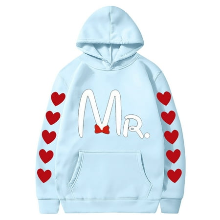 Couples Hoodie for Women Men Valentines Holiday  Sweet Love Heart Print Casual Unisex Hooded Sweatshirt Pullover Tops (X-Large  Sky Blue 01)
