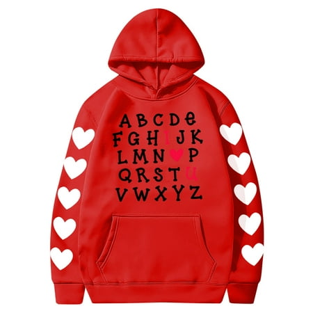 Couples Hoodie for Women Men Valentines Holiday  Sweet Love Heart Print Casual Unisex Hooded Sweatshirt Pullover Tops (X-Large  Red 04)