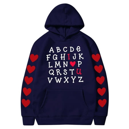 Couples Hoodie for Women Men Valentines Holiday  Sweet Love Heart Print Casual Unisex Hooded Sweatshirt Pullover Tops (X-Large  Navy 04)