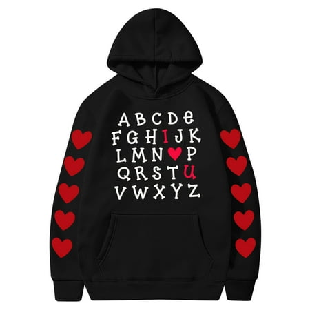 Couples Hoodie for Women Men Valentines Holiday  Sweet Love Heart Print Casual Unisex Hooded Sweatshirt Pullover Tops (X-Large  Black 04)