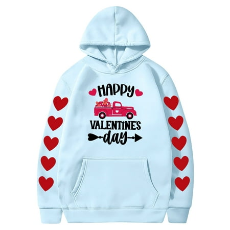 Couples Hoodie for Women Men Valentines Holiday  Sweet Love Heart Print Casual Unisex Hooded Sweatshirt Pullover Tops (X-Large  Sky Blue 03)