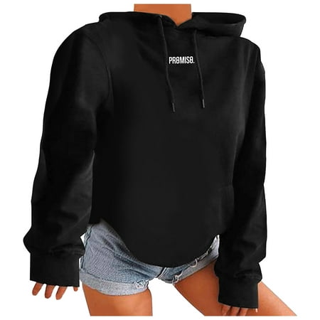 CLZOUD Womens Sweatshirts Drawstring Hooded Hoodie Pullover Graphic Print Fall Winter Sweaters Loose Fit Blouse Long Sleeve Tunic Tops Black XXXL