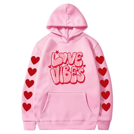 Couples Hoodie for Women Men Valentines Holiday  Sweet Love Heart Print Casual Unisex Hooded Sweatshirt Pullover Tops (X-Large  Pink 05)