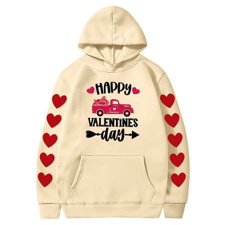 Couples Hoodie for Women Men Valentines Holiday  Sweet Love Heart Print Casual Unisex Hooded Sweatshirt Pullover Tops (X-Large  Khaki 03)