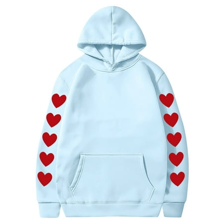 Couples Hoodie for Women Men Valentines Holiday  Sweet Love Heart Print Casual Unisex Hooded Sweatshirt Pullover Tops (X-Large  Sky Blue 07)