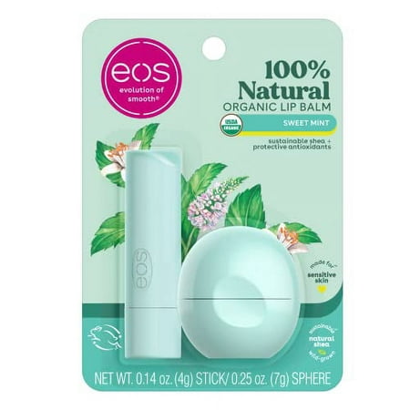 Eos 100% Natural & Organic Lip Balm- Sweet Mint  Dermatologist Recommended  All-Day Moisture Lip Care  0.39 Oz  2 Pack