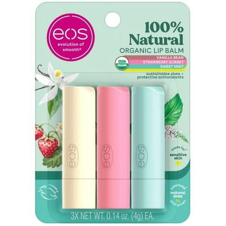 Eos 100% Natural & Organic Lip Balm Trio- Vanilla Bean  Sweet Mint  & Strawberry Sorbet  Made for Sensitive Skin  Lip Care Products  0.14 Oz  3-Pack