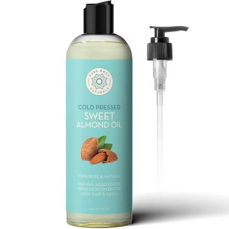 Pure Body Naturals Sweet Almond Oil for Hair and Skin  100% Pure and Cold Pressed  Hexane Free  Skin Moisturizer  Nails  Therapeutic Massage  Carrier 