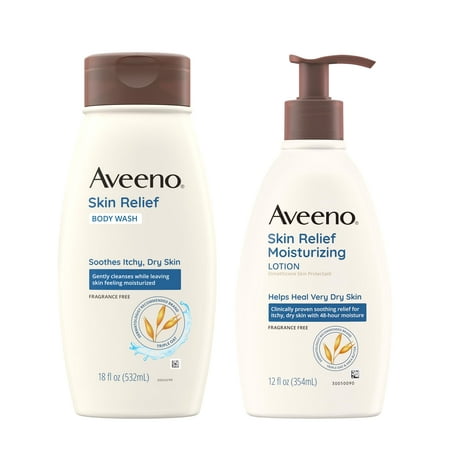 Aveeno Skin Relief Bundle: Fragrance-Free Moisturizing Body Wash (18 Oz) & 24 Hour Moisturizing Body Lotion (12 Oz) - Perfect for Sensitive Skin