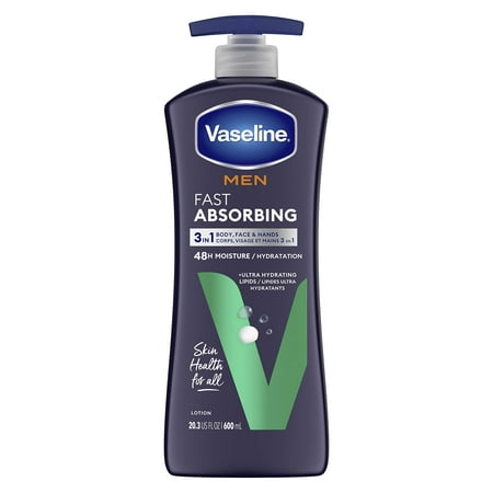 Vaseline Men Fast Absorbing 3-in-1 Face  Hands & Body Lotion for Men  for Dry Skin  Absorbs in Just 15 Seconds for Moisturized Skin 20.3 Oz