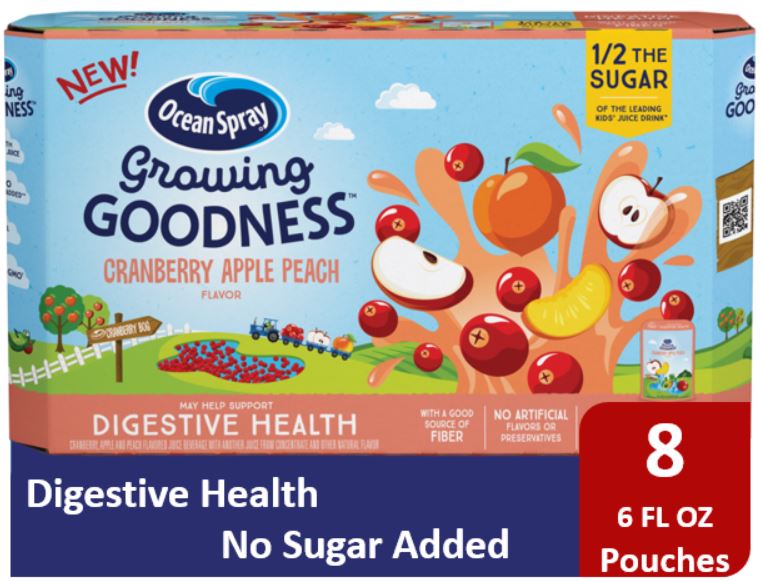 Ocean Spray Growing Goodness Juice Beverage, Cranberry Apple Peach, Digestive Health, 6 Fl Oz., 8 Count Pouches