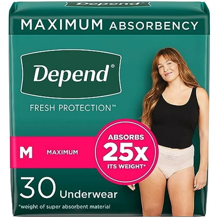 Depend Fresh Protection Adult Incontinence Underwear for Women (Formerly Depend Fit-Flex)  Disposable  Maximum  Medium  Blush  30 Count  Packaging May