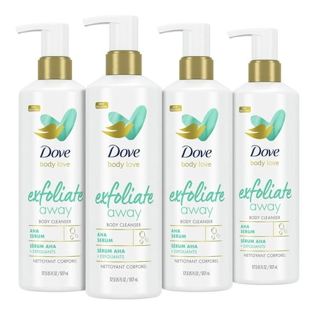 Dove Body Love Body Cleanser Exfoliate Away 4 Count for Rough Skin Body Wash with Aha Serum and Exfoliating Minerals for Soft Skin 17.5 Fl Oz