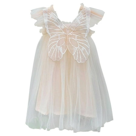 GWAABD Spring Girls Dress Beige Cotton Blend Toddler Girls Fly Sleeve Butterfly Tulle Lace Dress Dance Party Princess Dresses Clothes 90