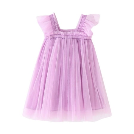 GWAABD Cute Vacation Dresses for Little Girls Purple Cotton Blend Toddler Girls Fly Sleeve Solid Tulle Princess Dress Dance Party Dresses Clothes 130