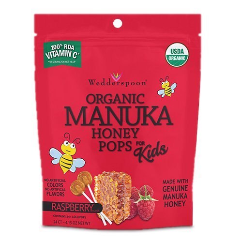Wedderspoon 504039 Organic Manuka Honey Pops Raspberry, 24 Count - Case of 6