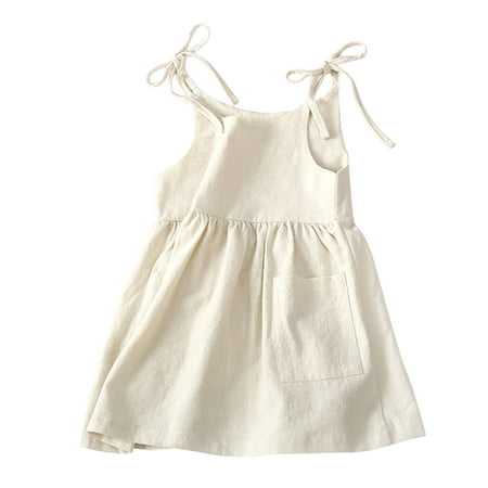 GWAABD Girls Casual Dress Beige Polyester Toddler Kids Girls Soild Cotton Linen Pockets Sleeveless Beach Straps Dress Princess Clothes 73