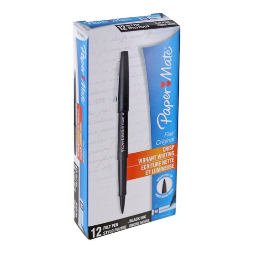 Paper Mate Flair Felt Tip Pens, 0.7mm, Medium Point, Black Ink, 12-Count