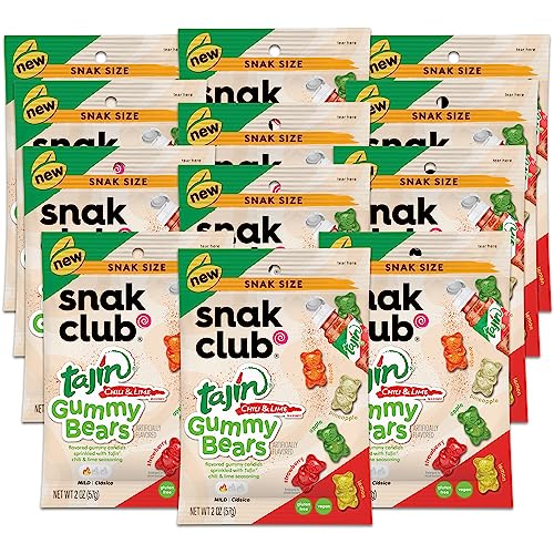 Snak Club Gummy Bears, Tajin Chili & Lime Sweet and Spicy Gummy Candy, Mild in Heat Bold in Flavor, Low-Fat, Vegan, Gluten-Free Snacks, 2oz Grab 'n Go
