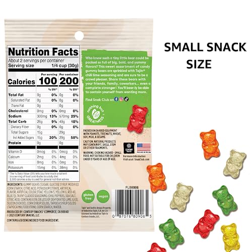 Snak Club Gummy Bears, Tajin Chili & Lime Sweet and Spicy Gummy Candy, Mild in Heat Bold in Flavor, Low-Fat, Vegan, Gluten-Free Snacks, 2oz Grab 'n Go thumbnail