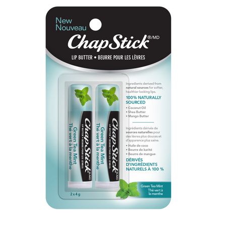 Chapstick Lip Butter Green Tea Mint 2-Pk. 100% Naturally Sourced Coconut Oil, Shea & Mango Butters Adult