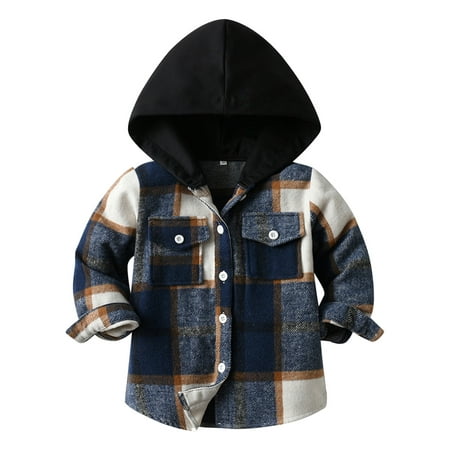 TOWED22 Boy Girl Buffalo Plaid Flannel Shirt Hoodie Toddler Button up Top Jacket Outwear Fall Winter Clothes(Dark Blue 3-6 M)