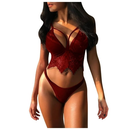 CLZOUD Lingerie for Women Red Polyester Women Lace Lingerie Sleepwear Night Bra and Panty Set Backless Pajamas Xxxl