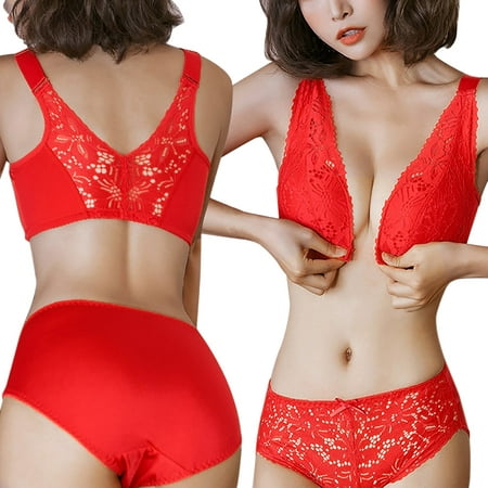 CLZOUD Bra for Women Red Women S Lace Thin Front Button Underwear Gathering Side Closed Rim Beauty Back Bra Top Bra C