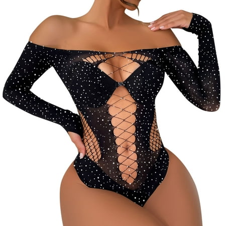 GWAABD Bridal Nightgown Ladies Bright Diamond Lingerie Long Sleeve Mesh Transparent Hollow Lingerie Panties Jumpsuit