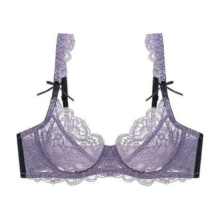 CLZOUD Women S Bra Ultra Thin Lace Edge Trim Bra Bow Transparent Push up Bra Purple 75B