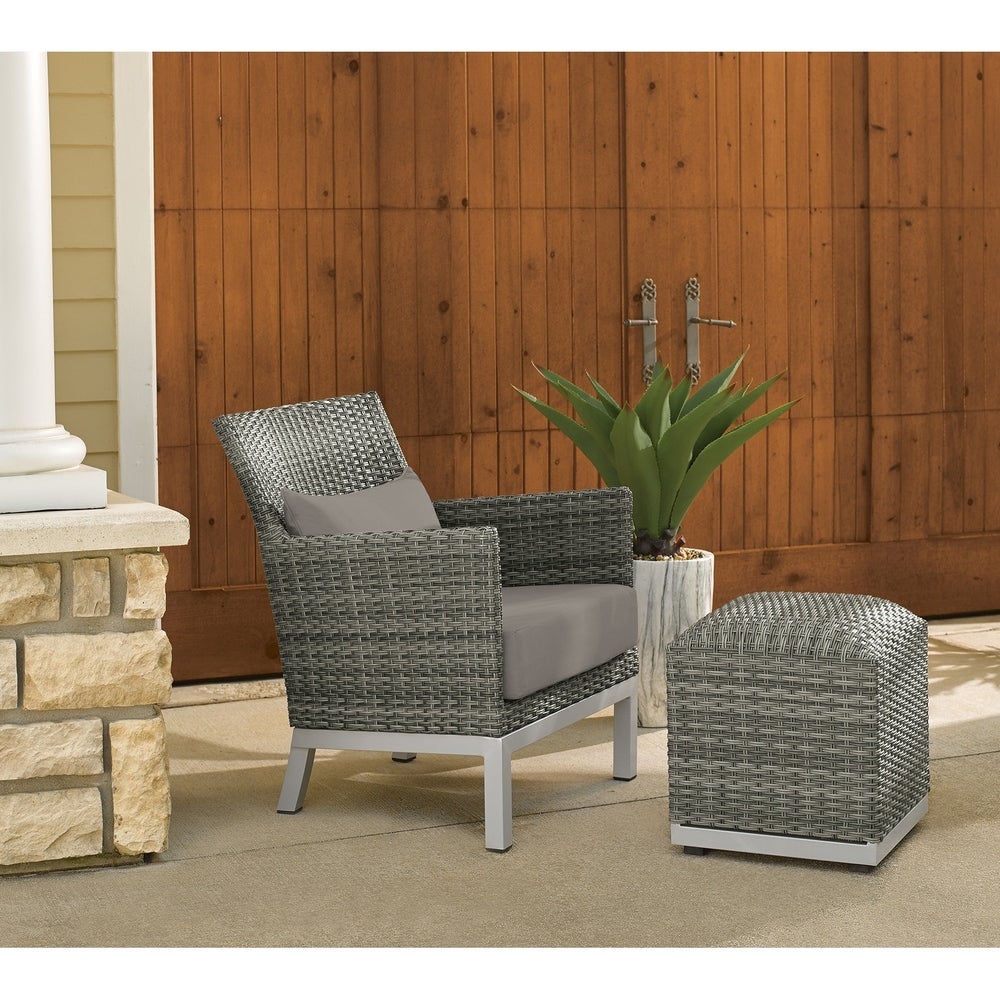 Oxford Garden Argento Resin Wicker Club Chair and Pouf - Stone Polyester Cushion and Pillow